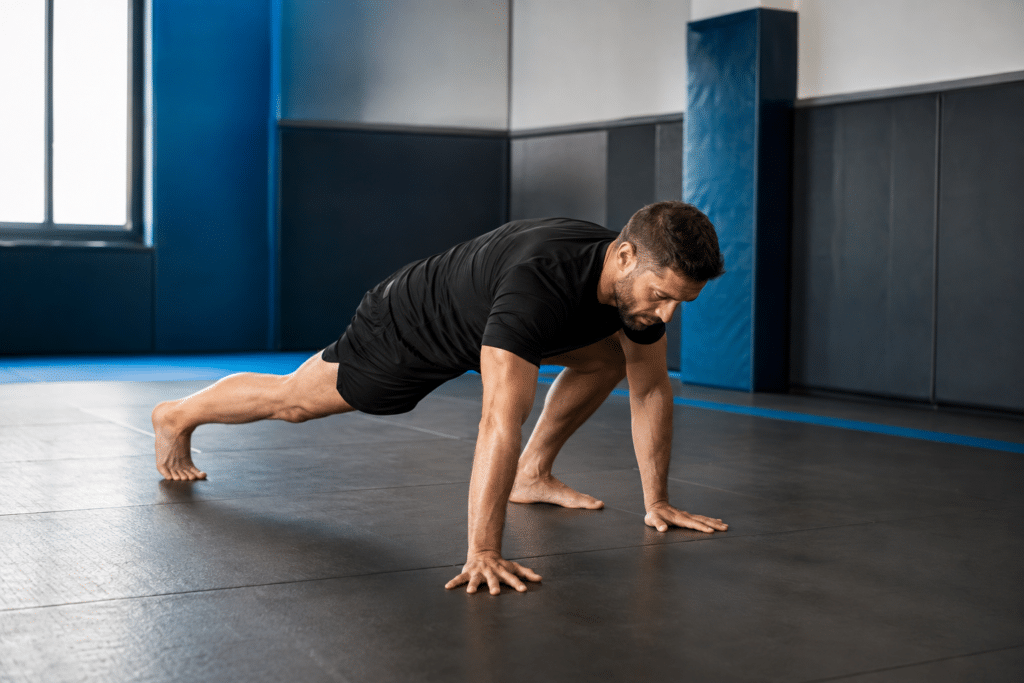 Pratiquant utilisant l’Animal Flow pour s’échauffer avant un entraînement de sport de combat