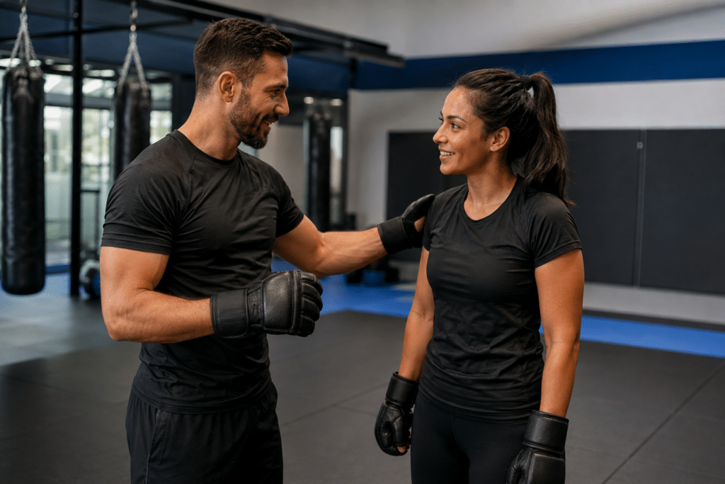 Pratiquants communiquant positivement pendant un cours de Krav Maga