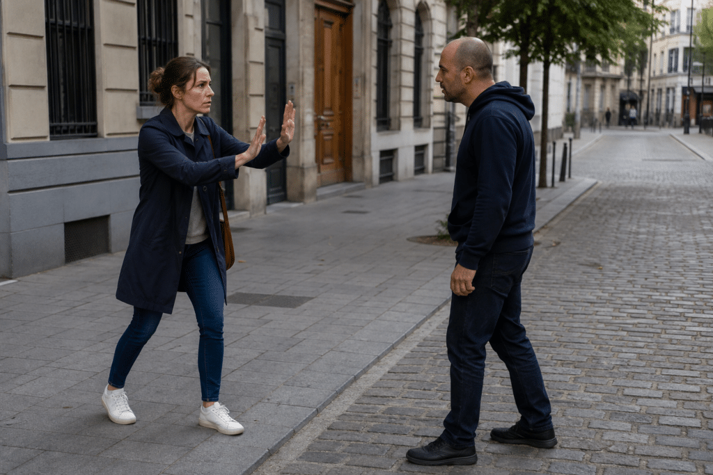 Femme conservant une distance de sécurité face à une personne agressive